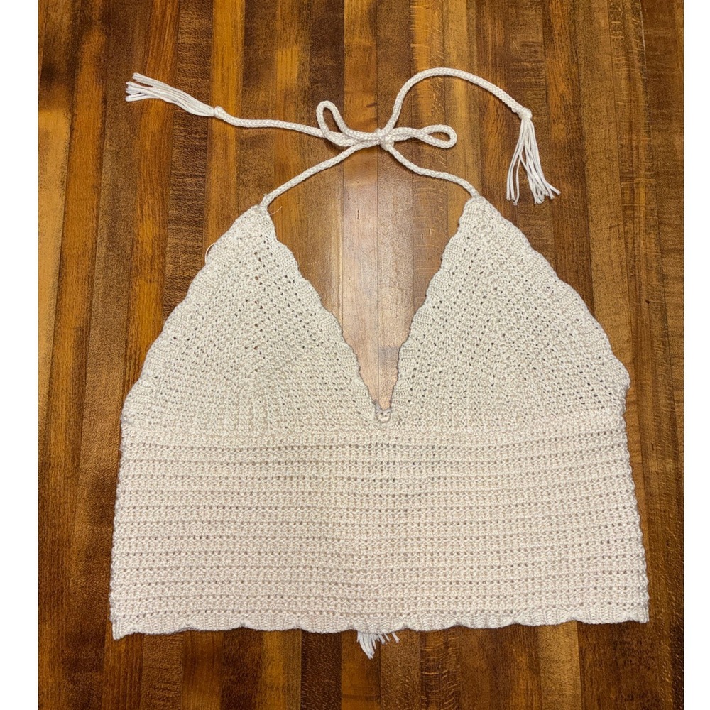 Sincerely Jules Women Medium Crochet Halter Top Cream Ivory Boho Lace Up Tassel